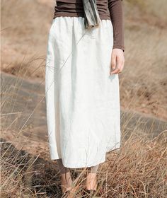 "★ Material: 100% Linen ★ Model Size: -- Model wear size M -- Model is 170 cm / 5'8\" -- Model measurements (bust 31\" / waist 26\" / hips 36\" ) ★ In order to make it more suitable for you. please tell me your body measurements : -- your Height -- your Weight -- your Bust -- Phone number for shipping Size S Flexible Waist: 70cm-85cm（27.5\"-33.5\"） Length: 75cm （29.5\"） Size M Flexible Waist: 75cm-90cm（29.5\"-35.5\"） Length: 75cm （29.5\"） Size L Flexible Waist: 80cm-95cm（31.5\"-37.5\"） Length: 7 White Linen Full Skirt, White Relaxed Linen Skirt, Casual Knee-length Linen Maxi Skirt, Full-length Medium Wash Cotton Skirt, White Cotton A-line Maxi Skirt, White Long Sleeves, White Long Sleeve Top, Spring Skirts, Vintage Rock