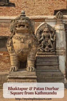 an elephant statue in front of a brick building with the words bhakpur & patan durba square from kalimandu