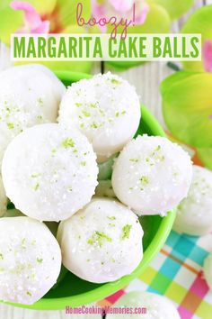 margarita cake balls in a green bowl on a checkered tablecloth with text overlay