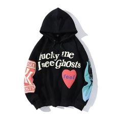 Kanye West Graffiti Letter Print Hoodie Lucky Me I See Ghosts, I See Ghosts, Mode Harajuku, Stranger Things Hoodie, Estilo Harajuku, Estilo Hipster, Velvet Sweatshirt, Lucky Me, Oversized Streetwear