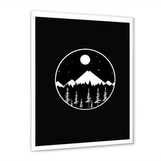 a black and white photo with trees in the mountains under a full moon, on a dark background