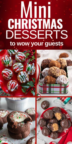 Mini holiday desserts photo collage with text overlay. Easy Holiday Potluck Desserts, Yummy Holiday Treats, Dessert To Travel With, Easy Desserts For Holidays, Mini Dessert Display Ideas, Desserts To Take To A Christmas Party, Christmas Sweets For Party, Christmas Desserts Recipes Easy, Easy Desserts For Office Party