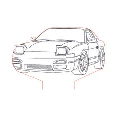 the front end of a car with its hood up and wheels down, drawn in red ink