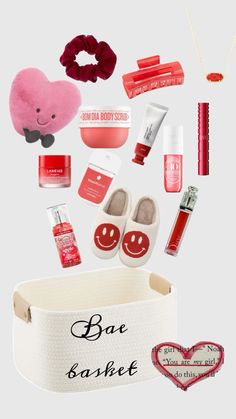 an assortment of personal care items in a box with the words bae basfit written on it