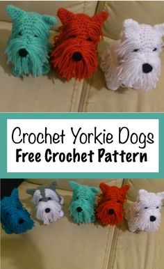 crochet yorkie dogs free pattern on the couch with text overlay that reads,'crochet yorkie dogs free crochet pattern '