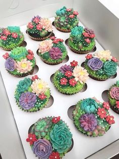 cupcakes decorated with flowers and succulents are displayed in a box