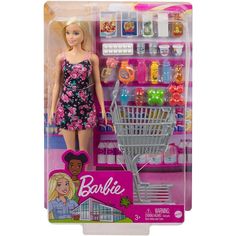 barbie doll with shopping cart and accessories in plastic package on white background, front view