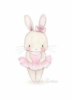 a watercolor drawing of a bunny ballerina