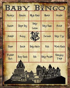 a baby shower game with hog potters houses on the back and harry potter's castle