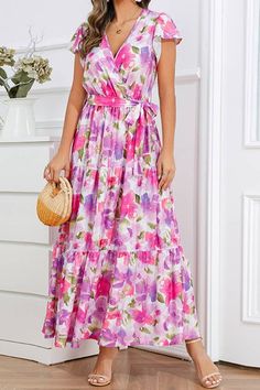 Women's Beach Dress Bohemian Boho Dress V Neck Flare Sleeves Floral Maxi Dress Multicolor V-neck Boho Dress For Garden Party, Bohemian Sleeveless Floral Dress For Vacation, V-neck Boho Sundress For Garden Party, Bohemian Tiered Floral Print Sundress, Beach Floral Print Tiered Sundress, Bohemian Tiered Sundress With Floral Print, Purple Floral Print Maxi Dress For Vacation, Tiered Floral Print Sundress For Beach, Pink Tiered Maxi Dress For Vacation