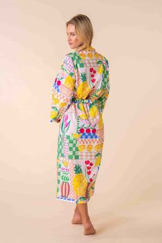 Introducing the Lydia Robe from KAS's vibrant pyjama wear range! Crafted from luxurious 100% cotton material, this robe is your ticket to stylish relaxation. Embrace the playful vibes with its funky design adorned with tropical fruits, adding a burst of colour to your loungewear collection. Whether you're unwinding after a long day or lounging on lazy weekends, the Lydia Robe promises comfort and flair in equal measure. Dive into tropical paradise every time you slip into this cozy robe. Spring Patterned Sleepwear, Patterned Spring Sleepwear, Spring Patterned Sleepwear For Pajama Party, Patterned Sleepwear For Pajama Party In Spring, Summer Patterned Sleepwear, Spring Patterned Printed Sleepwear, Multicolor Cotton Sleepwear For Lounging, Playful Multicolor Sleepwear For Loungewear, Patterned Cotton Sleepwear For Spring