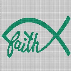 a cross stitch fish with the word faith written in green on it's side