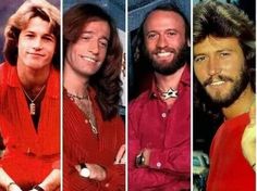 the four men are all smiling together in this collage, one is wearing a red shirt