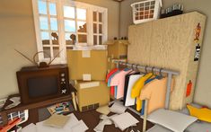 a room filled with boxes and clothes next to a tv on top of a wooden stand