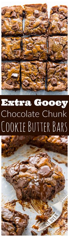 chocolate chunk cookie butter bars are stacked on top of each other, with the title text above it