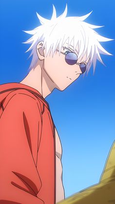 an anime character with white hair and sunglasses