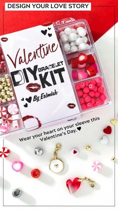 valentine's day diy kit with keychains and beads in it on a table