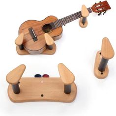 a wooden toy set with an acoustic guitar