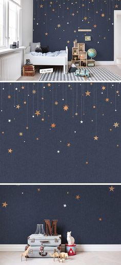 two pictures of the same room with stars on the wall