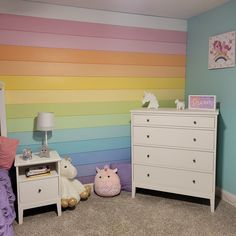 a bedroom with pastel rainbow wallpaper and white dressers in the foreground