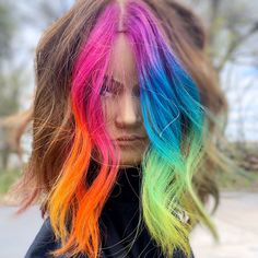 Rainbow Hair Strand, Rainbow Split Dye Hair, Rainbow Roots Hair, Balayage Underlights, Rainbow Money Piece Hair, Rainbow Split Dye, Multicolour Hair, Neon Rainbow Hair, Aesthetic Aurora