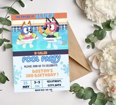 this is an image of a pool party birthday card with two cartoon characters on it