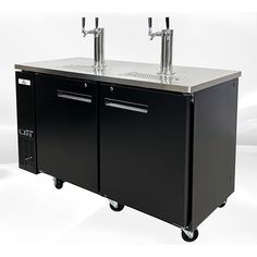 two black double sink cabinets on wheels with faucets at the top and bottom