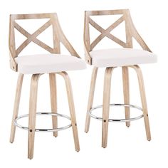 two wooden barstools with white upholstered seat cushions on each one side