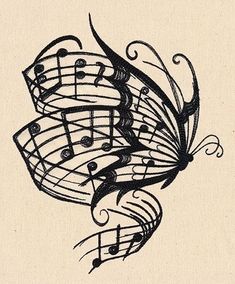 a drawing of music notes and a butterfly