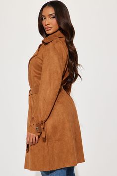 Available In White, Camel, Taupe, And Black. Trench Lapel Collar Long Sleeve Faux Suede Belted Unlined Outer: 93% Polyester 7% Spandex Imported | Camila Faux Suede Trench in Camel size Small by Fashion Nova Suede Belt, Trench Jacket, Lapel Collar, Jacket Style, Faux Suede, Straight Leg Jeans, Fashion Nova, Camel, Straight Leg