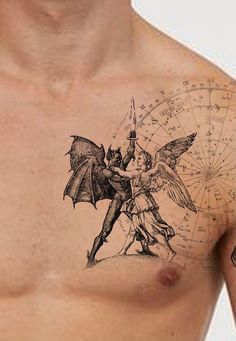 a man with a tattoo on his chest has an image of two angels and a star