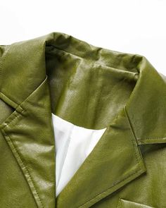 Details: Long-sleeve PU jacket with front pocket designTop Length: LongSleeve Length: Long SleevesMaterials:50% PU + 50% Spandex Green Leather Jacket With Pockets For Work, Green Leather Jacket For Work In Fall, Green Leather Jacket For Work With Long Sleeves, Casual Green Leather Jacket For Work, Trendy Green Leather Jacket For Work, Fitted Blazer With Side Pockets For Fall, Office Leather Jacket With Pockets And Long Sleeves, Green Solid Color Outerwear For Office, Green Leather Jacket With Pockets For Spring