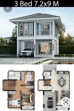 two story house plan with garage and living room in the middle, one bedroom on the second