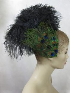 Visit www.fantasymasquerades.com for the best prices and special one of a kind pieces. Join my mailing list to be notified of sales and coupons! Custom made ostrich feather hair clip features a layered peacock eye feather base with large black ostrich plumes. Large excellent quality metal alligator clip on back to easily clip on to your hair. As with all natural products please allow for light differences in each piece. Due to the time custom orders take to make I do not accept returns. I will e Diy Wig, Feather Fascinator, Feather Hair Clips, Feather Headdress, Feather Fascinators, Ostrich Feather, Feathered Hairstyles, Peacock Feathers, Fascinator Hats