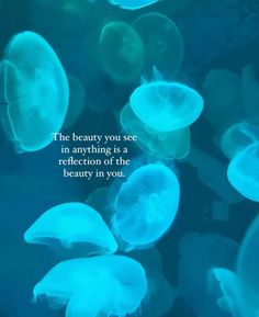 blue jellyfish floating in the water with a quote on it that says, the beauty you see in anything is a reflection of the beauty