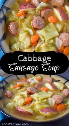 cabbage sausage soup with carrots and celery in a bowl