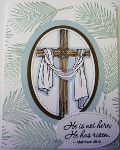 a card with a cross on it that says, he is not here he has risen