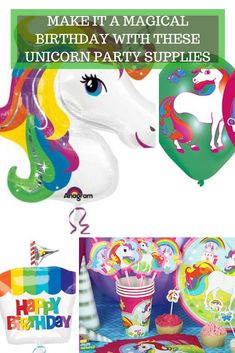 a birthday party with unicorn balloons, cupcakes and other items for a child's birthday