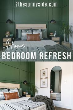 the before and after of a bedroom makeover with dark green walls, white bedding, and wooden headboard