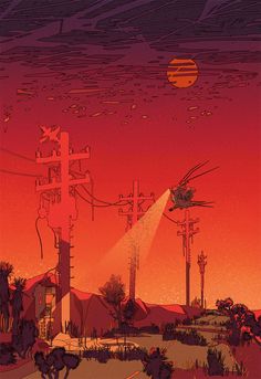 an orange and red poster with the sun setting in the sky behind some power lines