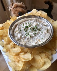 a bowl of dip surrounded by chips and a dog