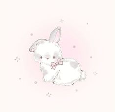 a drawing of a bunny with a bow on its head sitting in front of a pink background