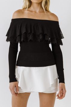 This lovely Lace Ruffle Off-The-Shoulder Top is the perfect addition to your wardrobe. It has a comfortable, fitted bodice with an elastic band at the neck. Long sleeves and a ruffle detail at the neckline provide a delicate and feminine form of styling. Add a chic and stylish touch to any ensemble with this beautiful top. It is sure to be a wardrobe favourite. Off-the-shoulder top Fitted bodice Elastic band at neck Long sleeves Lace edge at ruffle Hand wash cold Do not bleach Do not tumble dry Summer Style Guide, English Factory, Casual Party Dresses, Knit Outerwear, Fashion Night, Pink Midi Dress, Geek Chic, Lace Ruffle, Bottom Clothes