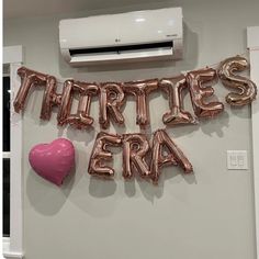 there are balloons that spell out the word traffics in front of a wall mounted air conditioner