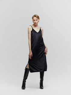 Editor's NotesThis is a L’H.A.S line slip dress made of imported velvet. It is a midi length below the knee and is an elegant item with a unique suede feel, subtle shine and soft drape. You can wear it alone, layer it with a t-shirt or shirt, or coordinate it with pants for a sensuous look.- Not deep V-neck- There is a slit on the side of the hem for added mobility.- Thin lining in skin color ensures stable wear- L’H.A.S signature symbol metal decorationMeasurements(in.)S / M - Length: 38.07 in. / 38.78 in.- Chest: 36.22 in. / 38.19 in.- Hem: 46.57 in. / 48.54 in.- Strap length: 38.58 in. / 38.58 in.*Model size: Height 5'84, wearing S size*Size errors may occur depending on the measurement method.Composition & Care- Shell: 62% Cotton, 27% Polyester, 11% Polyurethane   Lining: Velvet Slip Dress, Skin Color, Dress Making, Midi Length, The Knee, Jumpsuit Dress, Slip Dress, Dress Outfits, Black Dress