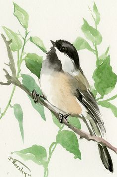 a watercolor painting of a bird perched on a branch with green leaves around it