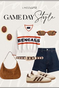 Ready for game day? Needing outfit ideas for the next football game or tailgating party you're going to? Here is one of my favorite looks that will look great all day, no matter what game day holds! Comfortable, stylish, and so fun. Find these pieces here! Cincinnati Bengals Game Day Outfit, Bengals Outfit, Game Day Looks, Cincinnati Bengals Sweatshirt, Bengals Apparel, Statement Jacket