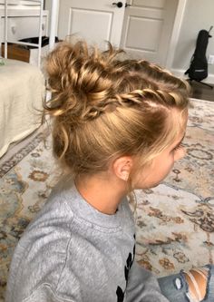 french rope braids wrapped into high messy bun French Braid Sports Hairstyles, Volleyball French Braids, French Braid Outfit Summer, French Braids With Messy Bun, Sporty Braided Hairstyles For Long Hair, Braids To Messy Bun, Dutch Braid Into Bun Sports, French Braid To Messy Bun, Two Braids Into Messy Bun