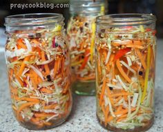 three mason jars filled with shredded carrots and coleslaw