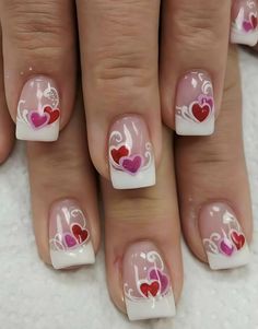 Valentine’s Day Nails French With Hearts, Valentines Nails, Green Nails, French Nails, Nail Inspo, Nail Art, Nails, Quick Saves, Nail Arts